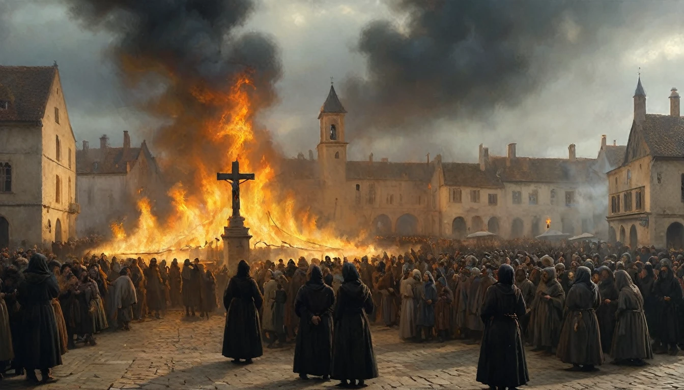 The image shows a dark and dramatic scene with a woman tied to a stake in the center of a medieval square. The woman is dressed in simple clothes and her expression is one of fear and resignation. Flames begin to surround her as smoke rises into the air. Around the bonfire, a group of inquisitors dressed in dark robes and crosses can be seen, as well as a crowd of onlookers with expressions of horror and fascination. The sky is gray and gloomy, with low clouds adding a sense of oppression and tragedy to the scene. Medieval architecture and historical details in clothing and surroundings add to the authenticity and intensity of the moment., Hyperrealism, Impressionism, close-up, UHD, retina, masterpiece, accurate, anatomically correct, textured skin, super detail, award winning, 8k