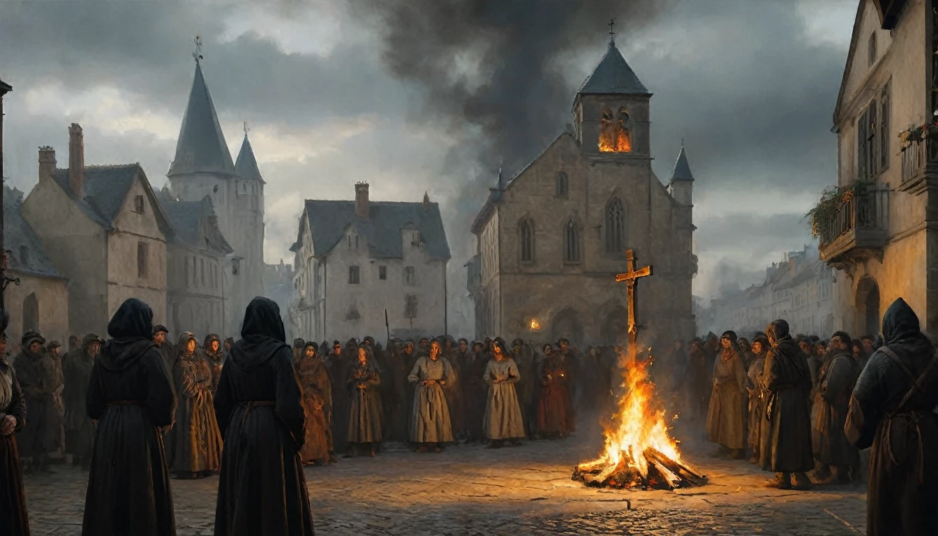 The image shows a dark and dramatic scene with a woman tied to a stake in the center of a medieval square. The woman is dressed in simple clothes and her expression is one of fear and resignation. Flames begin to surround her as smoke rises into the air. Around the bonfire, a group of inquisitors dressed in dark robes and crosses can be seen, as well as a crowd of onlookers with expressions of horror and fascination. The sky is gray and gloomy, with low clouds adding a sense of oppression and tragedy to the scene. Medieval architecture and historical details in clothing and surroundings add to the authenticity and intensity of the moment., Hyperrealism, Impressionism, close-up, UHD, retina, masterpiece, accurate, anatomically correct, textured skin, super detail, award winning, 8k