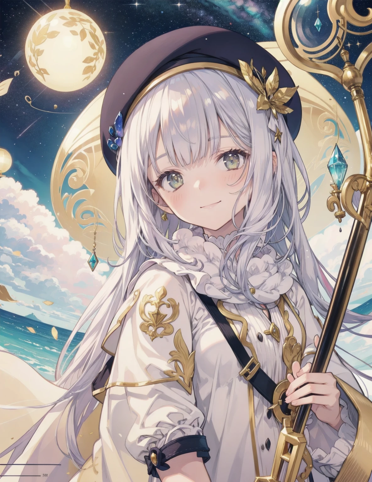 natural lighting, dusk, down, light smile, upturned cheeks, slightly shining hair, half up do, beret, hair ornament, alchemist, atelier series, large staff, gold, silver, Gemstones, brilliance, precious, 1girl, solo, fantasy landscapes, Scholarly, intellectual, floating light, magnificent, splendid,