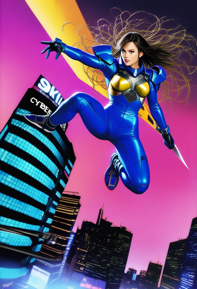 (best quality, 8k, masterpiece, highres, ultra-detailed), photorealistic, cyberpunk warrior, cybernetic implants, glowing neon tattoos, wild tangled hair, vibrant colors, piercing blue eyes, cold steel blades, futuristic combat suit, gleaming metal, sharp angles, sprawling neon-lit cityscape, skyscrapers, holographic advertisements, dark and gritty, cyberpunk aesthetic, futuristic, action-packed, dynamic, gritty, detailed, realistic anatomy.