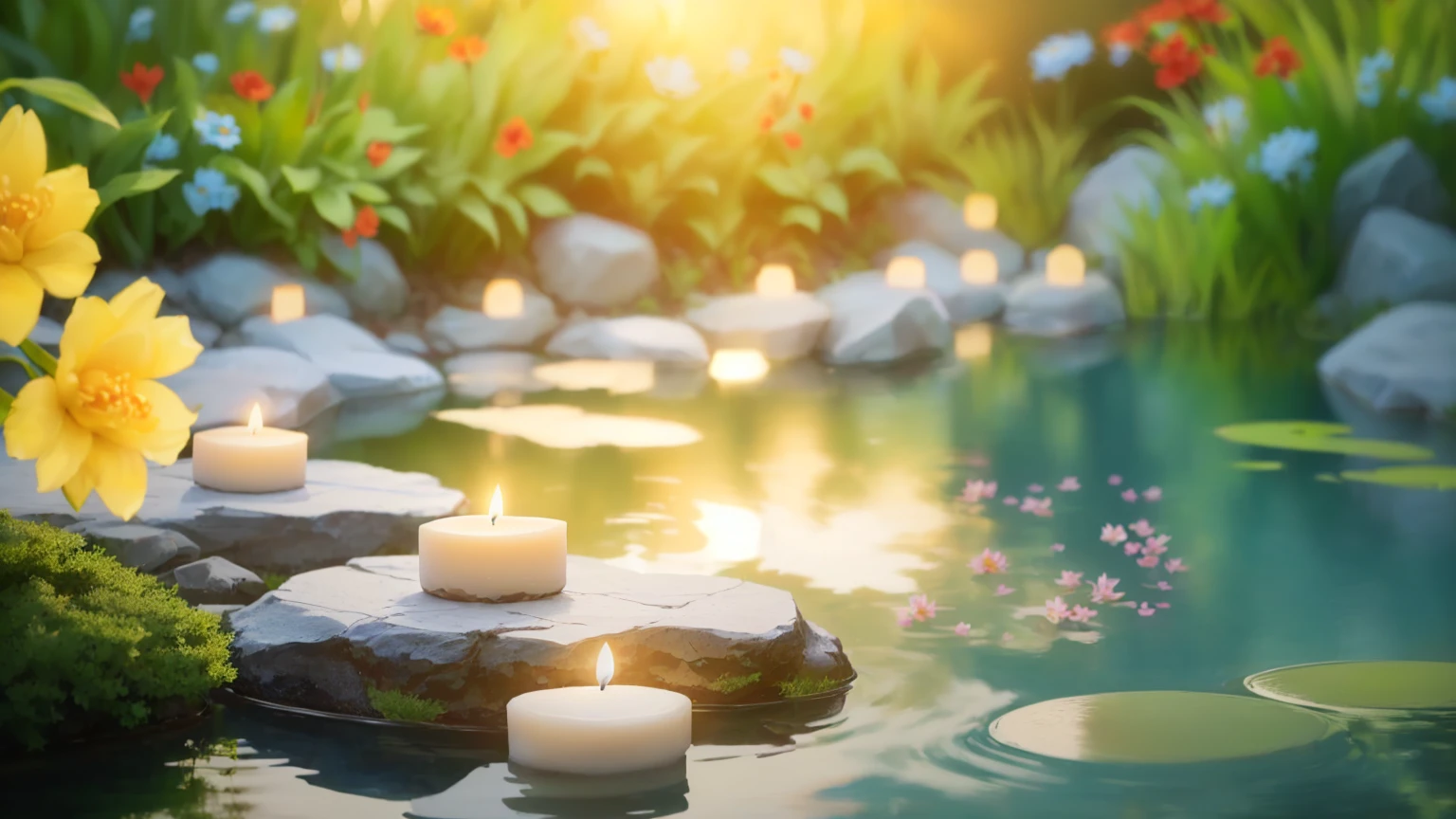 Candles are lit on a rock in a pond with flowers, floating Candles, Peaceful atmosphere, Candles in foreground, Relaxed atmosphere, Calm evening atmosphere, Floating light, Beautifully illuminated, Small wellness relaxation pool, lit Candles, Water reflecting the sunlight, Warm and fun atmosphere, Shutterstock, Beautiful environment, Candles, Relaxing environment, lit with Candles, glowing Candles, Summer setting