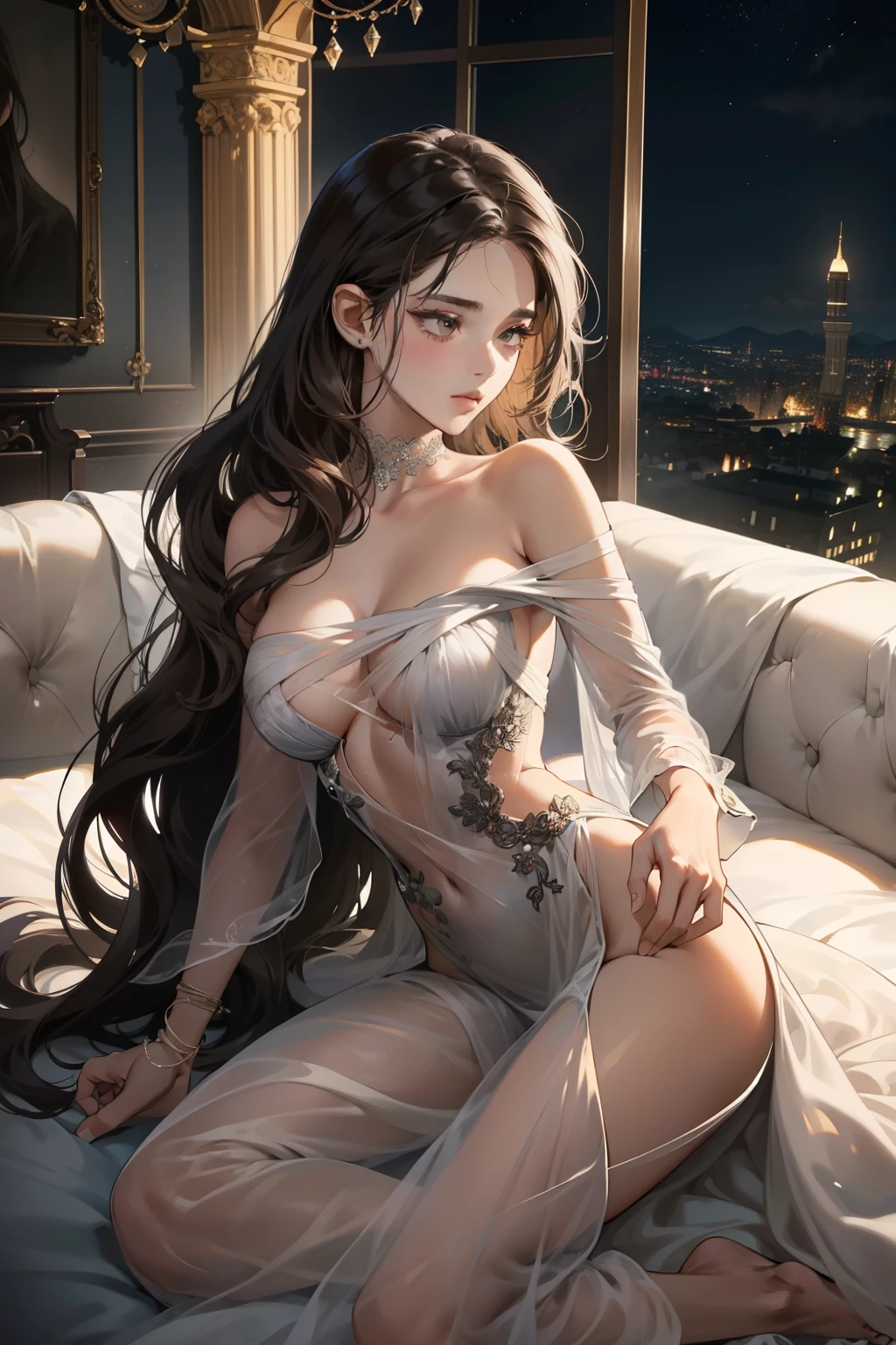 **(Ultra-detailed Masterpiece) Best Quality,**
A delicate dance of two souls, a darkly passionate couple, bathed in the soft glow of moonlight, with the moon as a silent witness in the background. The scene exudes a romantic aura, teetering on the edges of NSFW territory, yet maintaining an understated sensuality.
The woman, adorned with dark brown waves cascading down her shoulders, possesses a slender, elegant frame, exuding a sense of tenderness and fragility. Her dark brown eyes seem to hold depths of emotion, and her lips, glossed, are a testament to her sophistication. A thin