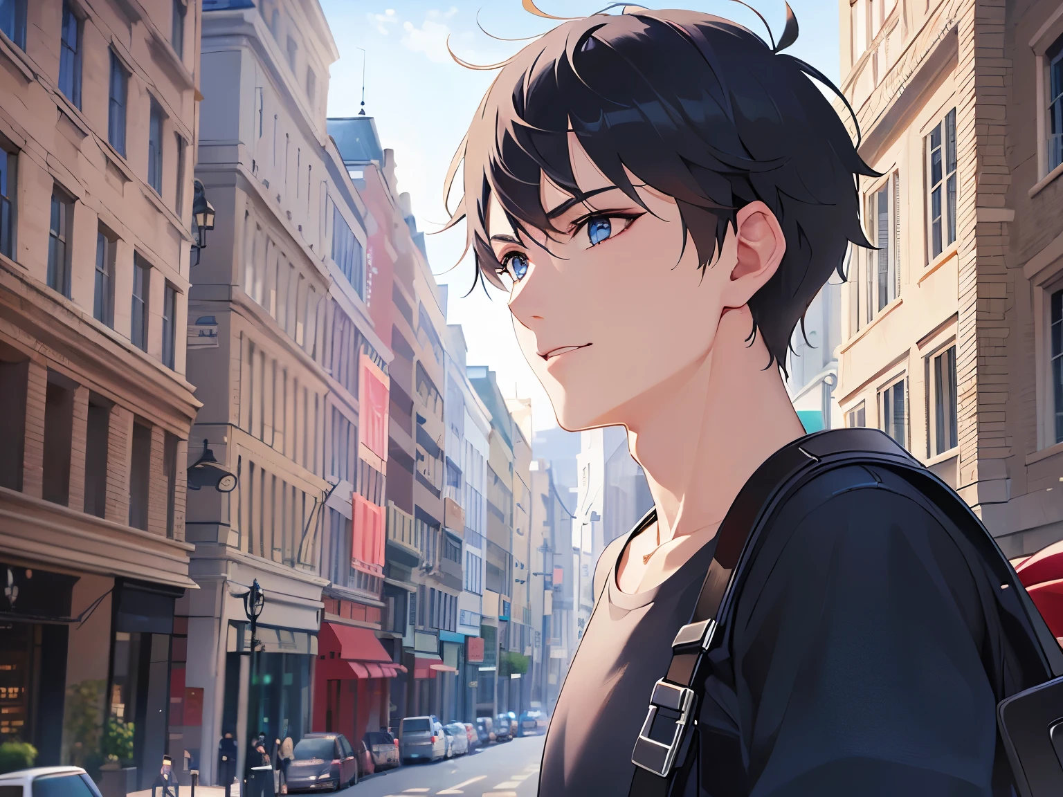 Detailed CG,Ultra-fine illustrations,masterpiece,Highest quality,Shiny skin,BREAK(26 year old male:1.5)BREAK,(Black Short Hair)and(blue eyes),BREAK(Black T-shirt)BREAK,(light smile:1.1),(looking away:1.5)The background is the city,Alone,look far away