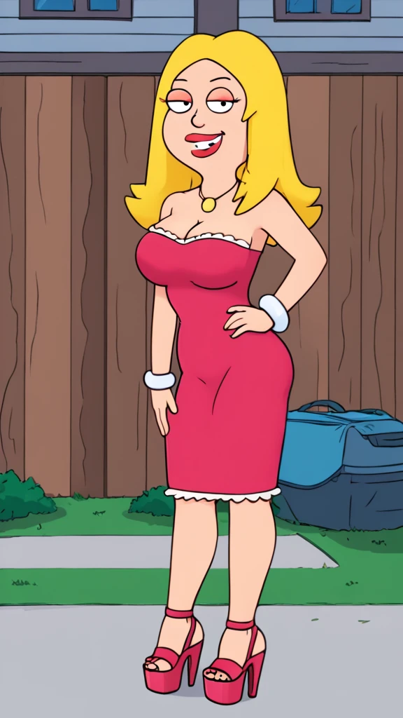 francine, flat color, blonde hair, 1girl, long hair, white braclet, large breasts, solo, necklace, cleavage, tight strapless pink dress, red lips, standing, looking at viewer, outdoors, full-body, smile, open-toe platform high heels