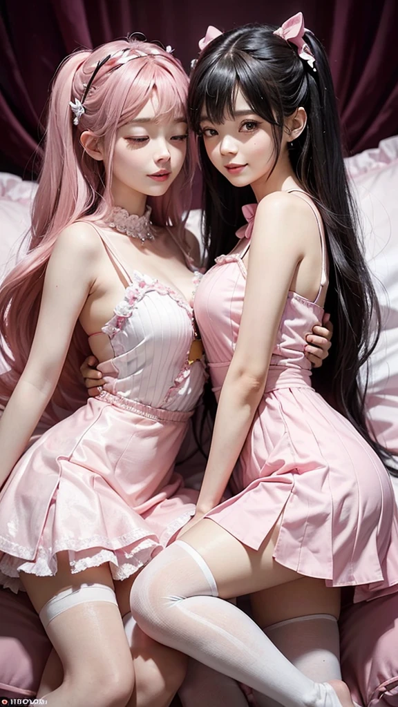 The image you provided appears to be an illustration of two stylized characters, probably from a manga or anime inspired artwork. The characters are drawn in a monochromatic style with hints of pastel pink. Both characters have dark hair and are shown with closed eyes and smiling expressions., suggesting a moment of happiness or contentment.
The character on the left is wearing a white dress with ruffles and a collar., and there are details of pink hearts on her cheeks. She also has a heart-shaped hair accessory.. The character on the right is wearing a pink t-shirt with a strawberry design and a pink ruffle skirt. This character also has a bone-shaped hair clip and pink heart details on her cheeks. Besides, there are pink and white striped tights at the bottom of the picture, which probably belong to one of the characters.
The image has a playful and affectionate atmosphere, with the characters seemingly enjoying each other's company. The overall style is cute and whimsical, typical of certain genres of anime and manga art. There is a watermark or signature on the image that says "qtsen", which could be the artist's username or signature.