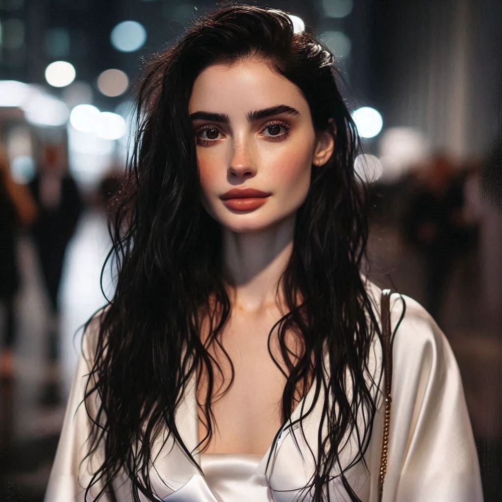 A city street at night with lights, she wears a white silk dress with a white silk overcoat, a white channel bag in her hands and chic crystal heels on her feet