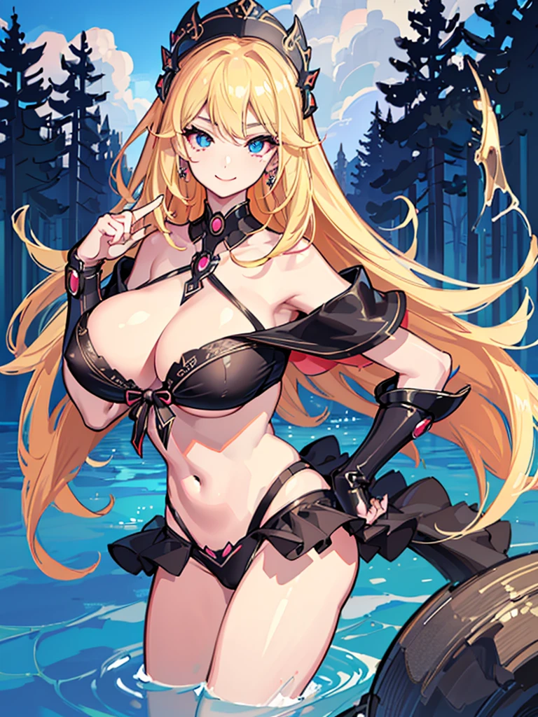 (jinhsi), (long hair), .blonder hair, blue eyes, hair ornament, earrings, (black bikini), (solo), anime, anime girl, (trees), beautiful, highly detailed, perfect face, high resolution, more prism, (vibrant color), professional artwork, best shadow, (solo), (best quality), ultra-detailed, best illustration, high res, professional artwork, best shadow, (perfect eyes), heavy makeup, red lipstick, good hands, perfect hands, perfect body, (((masterpiece))), (best quality), ultra-detailed, cloud, volumetric lighting, best quality, intricate details, sharp focus, hyper detailed, (((large breasts))), (((giant breasts))), (((big breasts))), (((very big breasts))), ((lush breasts)), beautiful detailed body, detailed eyes, happy, (((adult milf face))), milf, mature body, smile,(high quality), ((sexy pose)), normal butt, normal hips, ((looking at viewer)), ((flirtatious look)), sexy eyes, ((((in the water)))).