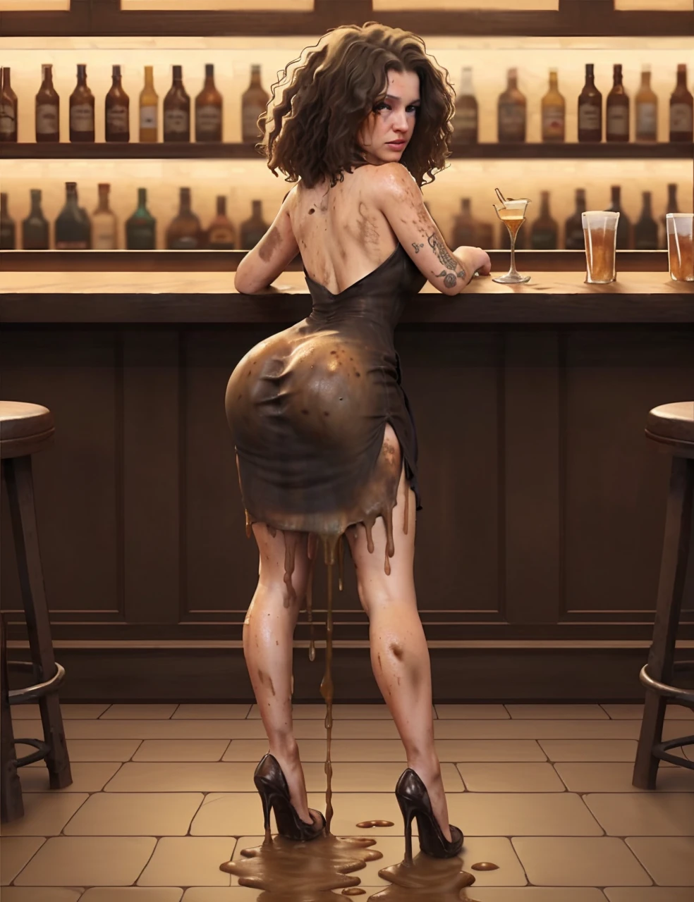 (((Realistic graphics))), (((realistic textures))), realistic face features, realistic body proportions, 1girl, pretty face, cute eyes, fit body, brown curly hair, many tattoos, short black dress, black heels, drunk facial espressions, both hands on , in a bar, at night,  dress,  floor,  clothes, (((mud overflowing from dress))), stinky atmosphere, filthy atmosphere, mud on dress, disgusting bar, too much mud on dress, (((extreme amount of mud dripping from )), too much mud on ,