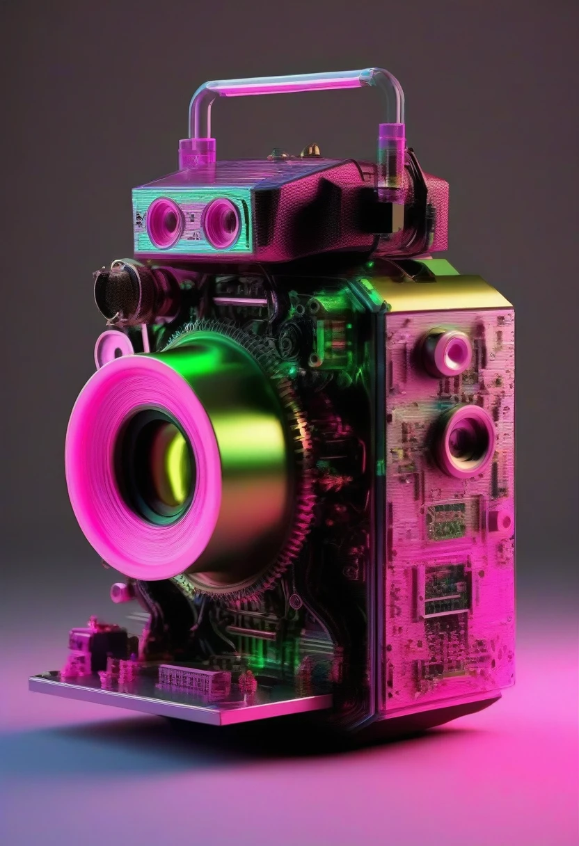niji 6 prompt: Change the prompt word according to the animal you want he front part of the robot monkey's head has an extremely precise mechanical structure. It comes with illustrations and X-ray renderings. It was created by Nick Vesey. The images look very ethereal, embodying the beauty of technology and art. Barbie pink and neon green, black background,A little more like a monkey