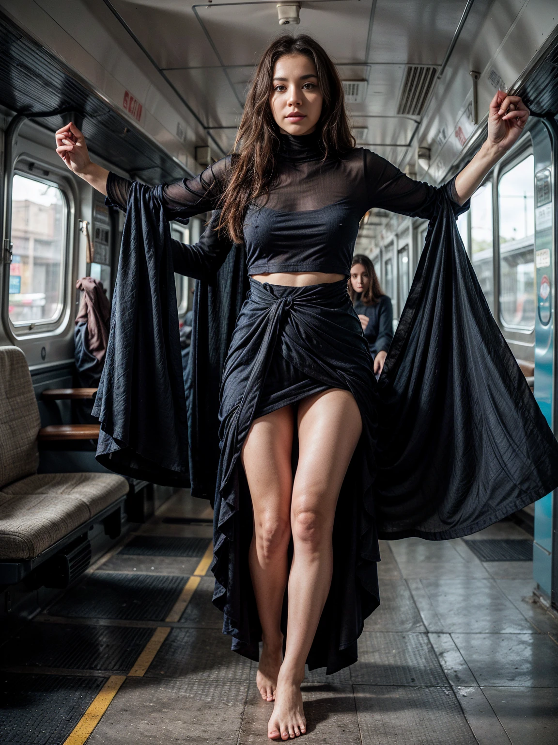 The image is a full-length portrait of a woman in a flowing blue dress. Sexy pose. The dress features a high neck and long sleeves, with a large cutout on the back, and the fabric cascades down into a dramatic, floor-length train. The garment is crafted with waves and layers of fabric, creating a sense of movement and depth.