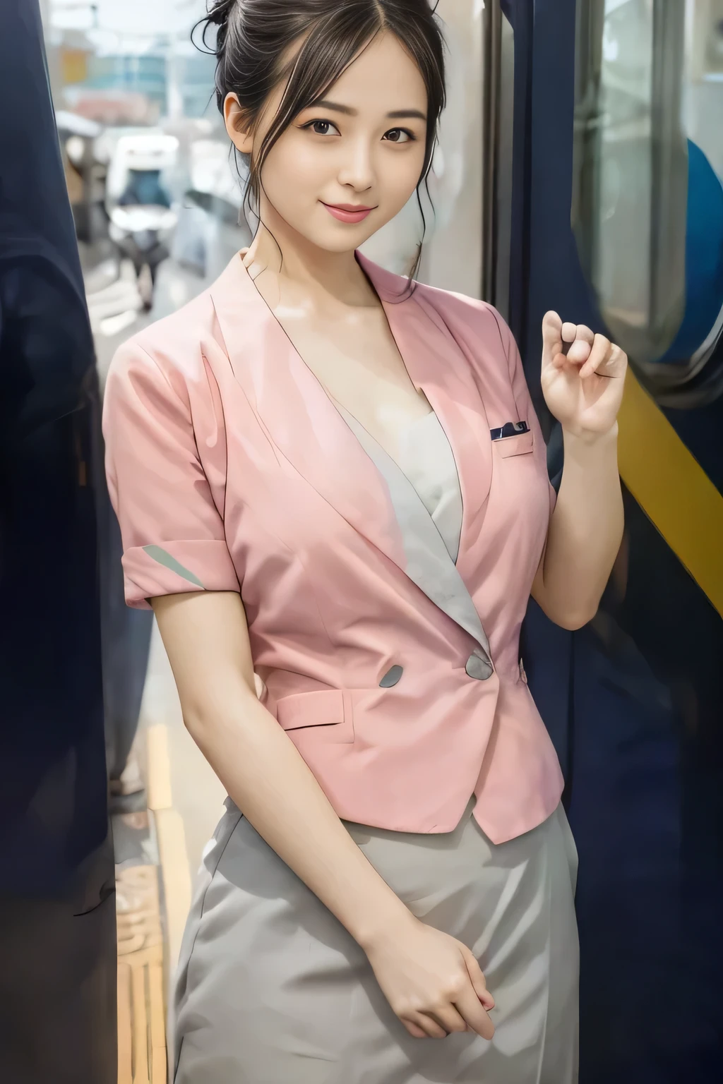 (masterpiece:1.2, Highest quality:1.2), 32k HDR, High resolution, (alone、1 girl)、 (Height: 160cm)、（On the rooftop of a building in the daytime、Professional Lighting）、Building rooftop background、（Nankai train crew uniform pinkを着たリアルスタイル）、（Nankai train crew uniform pink short sleeve collarless pink jacket、Nankai Train Crew Uniform Pink Collarless Short Sleeve Blouse、Nankai Train Crew Uniform Pink Grey Knee-length Culottes）、（The pink jacket is showing from the culottes.）、Dark brown hair、（Hair tied up、Chignon）、Long Shot、Big Breasts、Thin legs、（（Great hands：2.0）），（（Harmonious body proportions：1.5）），（（Normal limbs：2.0）），（（Normal finger：2.0）），（（Delicate eyes：2.0）），（（Normal eyes：2.0））)、smile、（Nankai Train Crew Uniform Pink Grey Knee-length Culottesを見せた美しい歩く姿）、Place your hands around your stomach