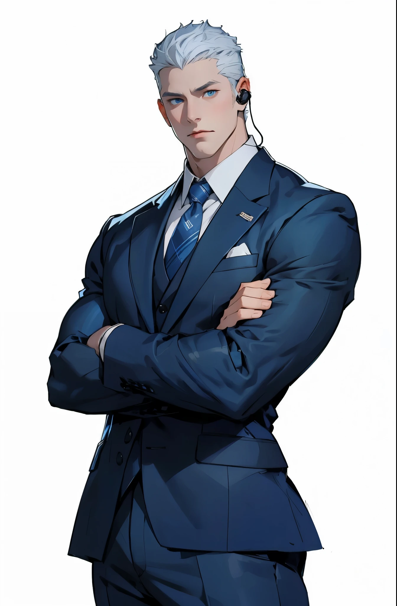 Drawing of a young Chad, Dark blue suit,tie， White shirt，Pants，入耳式earphone，earphone， Looking at the camera, male，Silver short hair，Blue Eyeuscle，bodyguard,Light and Shadow，Luminescence