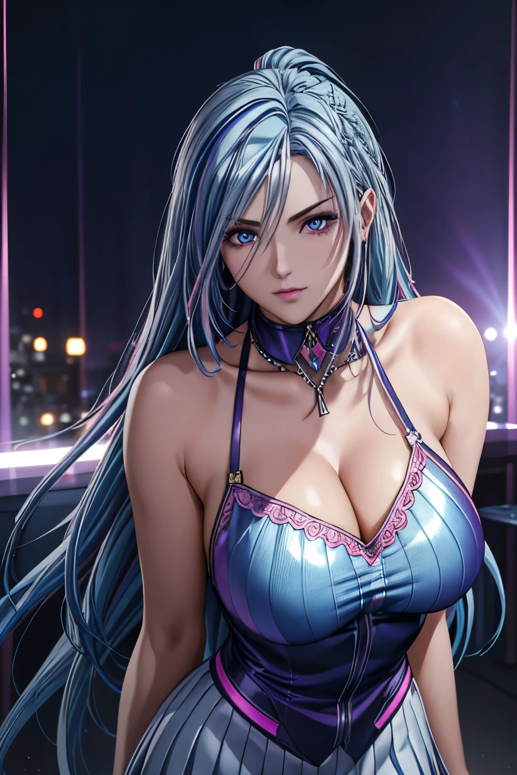 best quality, masterpiece, high resolution, A girl, blond, blue eyes, Fashion, necklace, jewelry, Pretty Face, Perfect breasts, more than_Body, Tyndall effect, lifelike, Dark Studio, Side light, Two-color lighting, (HD Skin:1.2), mature woman, one person, (Silver blue hair streaked pink purple:1.4), (Gradient sky blue hair ends:1.6), hair strand, absurdly long hair, single sidelock, wavy hair, shiny hair, floating hair, (Illusion deep purple eyes), delicate eyes, aqua eyes, super high detailed eyes, long upper eyelashes, ((glowing eyes)), makeup, Focus on face, Very detailed facial, hot body, break, on the street, looking at the starry night sky, meteor, Technical clothing masterpiece, White extra long skirt, cyberpunk, detailed background, perfect layer cut, clean focus, realism, chiaroscuro, (glowing light), sparkle, ray tracing, cinematic lighting, Futurism, motion blur, atmospheric perspective, Depth of Field, Bokeh, best quality, UHD, super detail, masterpiece, highres, ccurate, retina, anatomically correct