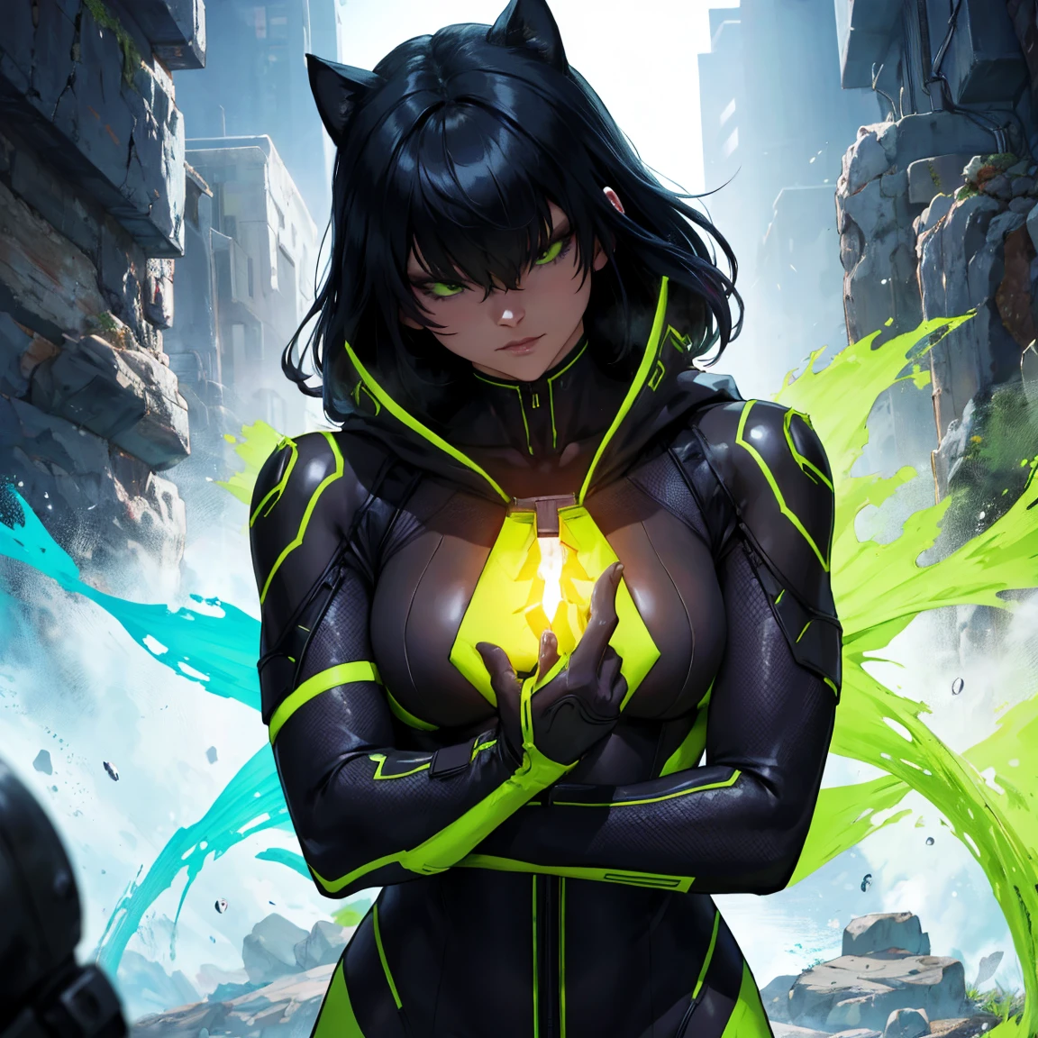 a ninja with black hair covering their eyes, green ninja suit, day, beautiful, cinematic lighting, highly detailed, realistic, photorealistic, 8k, intricate details, seamless, flawless, ultra-realistic, hyper-detailed, volumetric lighting, ambient occlusion, ray-tracing, global illumination, master lighting, dramatic shadows, vibrant colors, striking color palette, vivid colors, dynamic composition, symmetry, heroic pose, cinematic angle,, epic, awe-inspiring, award-winning, stunning, breathtaking