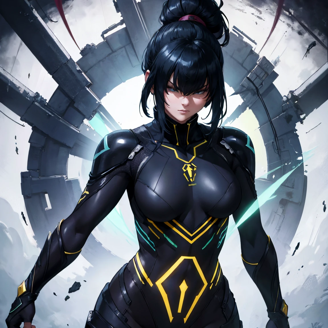 a ninja with black hair covering their eyes, green ninja suit, day, beautiful, cinematic lighting, highly detailed, realistic, photorealistic, 8k, intricate details, seamless, flawless, ultra-realistic, hyper-detailed, volumetric lighting, ambient occlusion, ray-tracing, global illumination, master lighting, dramatic shadows, vibrant colors, striking color palette, vivid colors, dynamic composition, symmetry, heroic pose, cinematic angle,, epic, awe-inspiring, award-winning, stunning, breathtaking