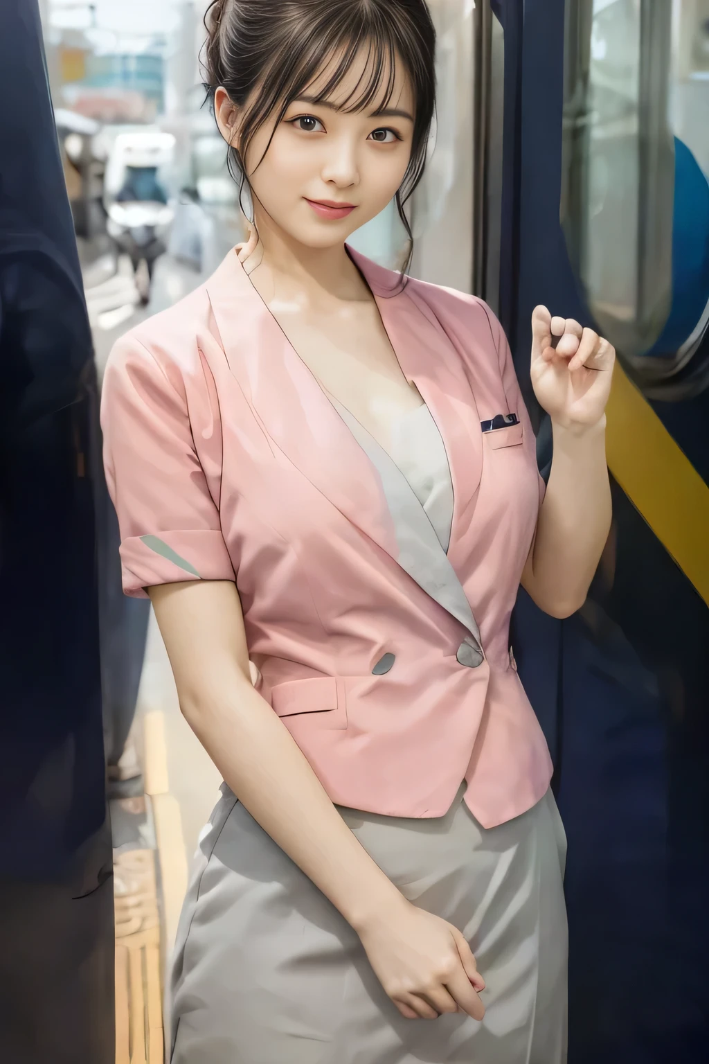 (masterpiece:1.2, Highest quality:1.2), 32k HDR, High resolution, (alone、1 girl)、 (Height: 160cm)、（On the rooftop of a building in the daytime、Professional Lighting）、Building rooftop background、（Nankai train crew uniform pinkを着たリアルスタイル）、（Nankai train crew uniform pink short sleeve collarless pink jacket、Nankai Train Crew Uniform Pink Collarless Short Sleeve Blouse、Nankai Train Crew Uniform Pink Grey Knee-length Culottes）、（The pink jacket is showing from the culottes.）、Dark brown hair、（Hair tied up、Chignon）、Long Shot、Big Breasts、Thin legs、（（Great hands：2.0）），（（Harmonious body proportions：1.5）），（（Normal limbs：2.0）），（（Normal finger：2.0）），（（Delicate eyes：2.0）），（（Normal eyes：2.0））)、smile、（Nankai Train Crew Uniform Pink Grey Knee-length Culottesを見せた美しい歩く姿）、Place your hands around your stomach