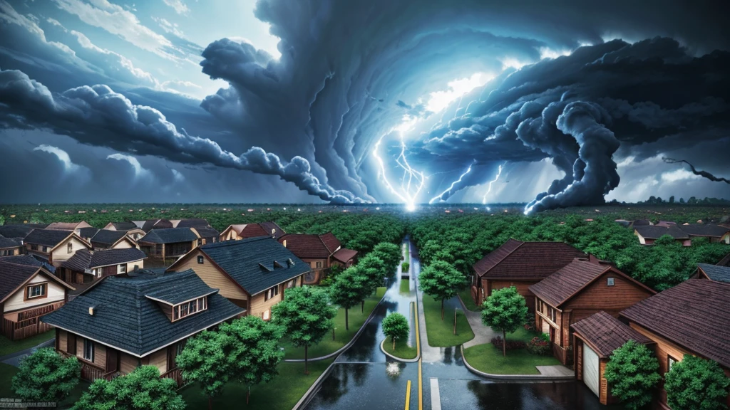 3D Anime,Tornadoes in village, Air,rain, high quality, high resolution, 8k details