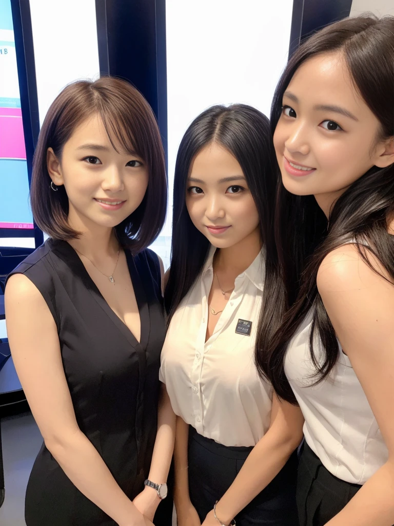 ((super high quality、High resolution、masterpiece、 Anatomically correct、Super detailed photos、Ultra-realistic photos、 Highest quality))、(3girls)、looking at viewer、studio lighting、(portrait))、(from front:1.2)、(big breast)、Small waist、Detailed face、Perfect figure、Three girls holding each other close、 ((Female announcer:1.2))、Television studio broadcasting the news、Cleavage、((news caster))、((sleeveless business shirt))、