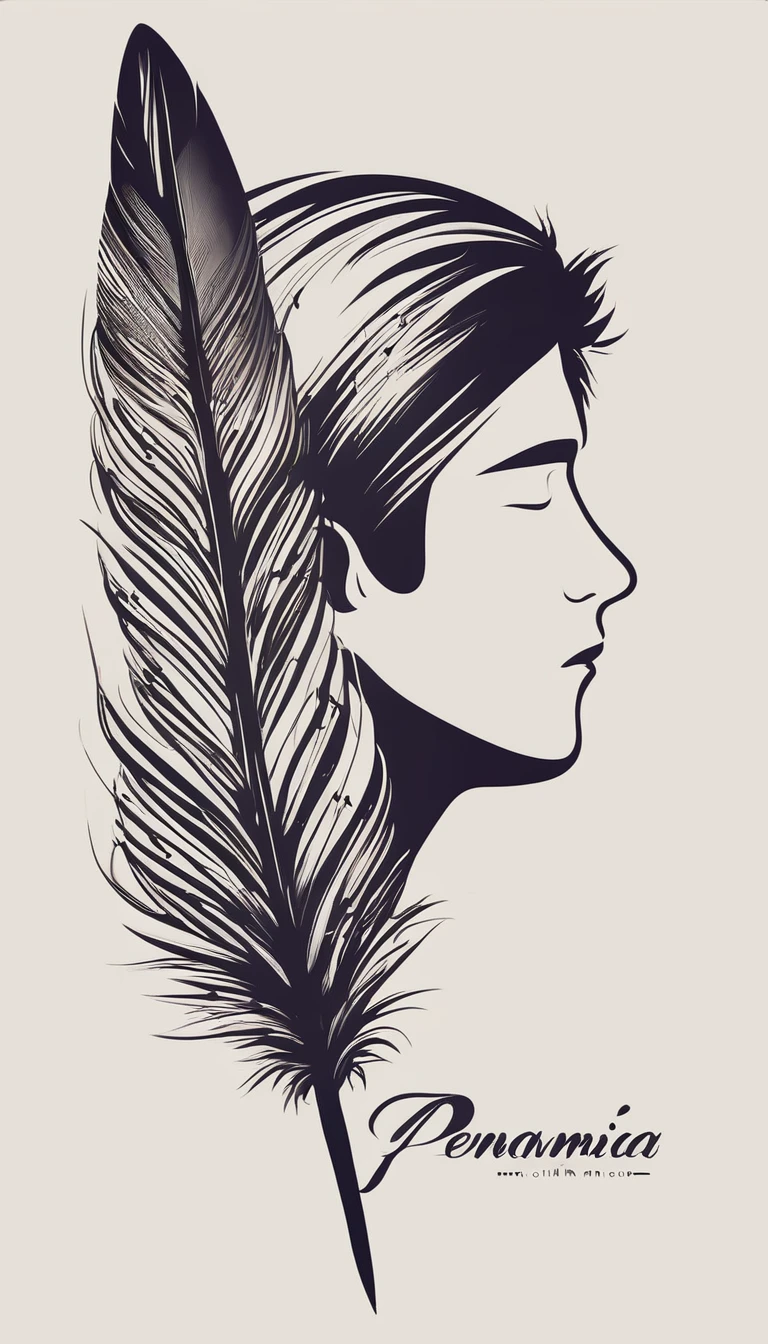 A minimalist, fantastic, poetic, dreamy, captivating, memorable, masterpiece, modern, simple logo design of a boy and a feather for the brand “Penamemoria". The logo must convey a sense of music, stories and dreams. Minimalistic logo design of a boy and a feather.