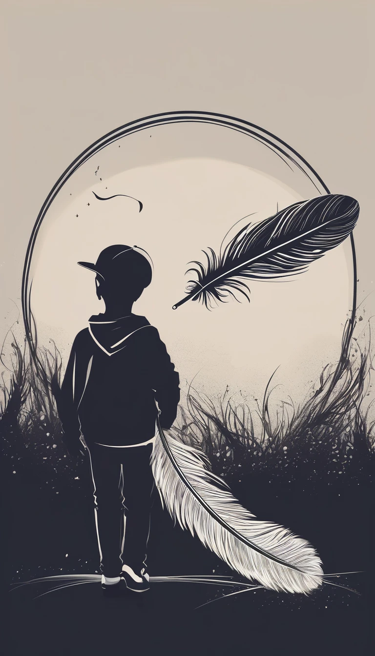 A minimalist, fantastic, poetic, dreamy, captivating, memorable, masterpiece, modern, simple logo design of a boy and a feather for the brand “Penamemoria". The logo must convey a sense of music, stories and dreams. Minimalistic logo design of a boy and a feather.