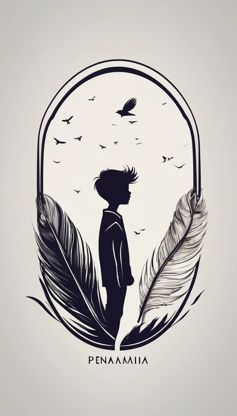 A minimalist, fantastic, poetic, dreamy, captivating, memorable, masterpiece, modern, simple logo design of a boy and a feather for the brand “Penamemoria". The logo must convey a sense of music, stories and dreams. Minimalistic logo design of a boy and a feather.