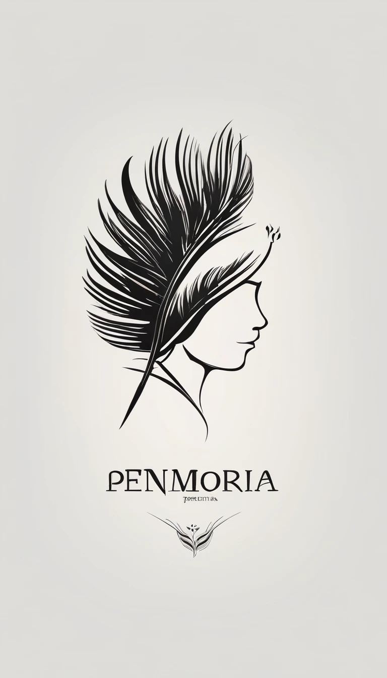 A minimalist, fantastic, poetic, dreamy, captivating, memorable, masterpiece, modern, simple logo design of a boy and a feather for the brand “Penamemoria". The logo must convey a sense of music, stories and dreams. Minimalistic logo design of a boy and a feather.