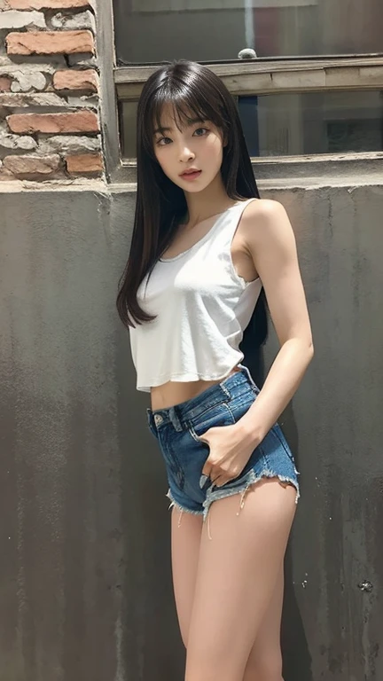 (masterpiece, Highest quality:1.2), One girl, alone, Are standing_Split, Long Hair, White sleeveless tank top, Blue Denim Shorts、Standing on one leg, masterpiece, anatomically correct, textured skin, high details, best quality, 16k