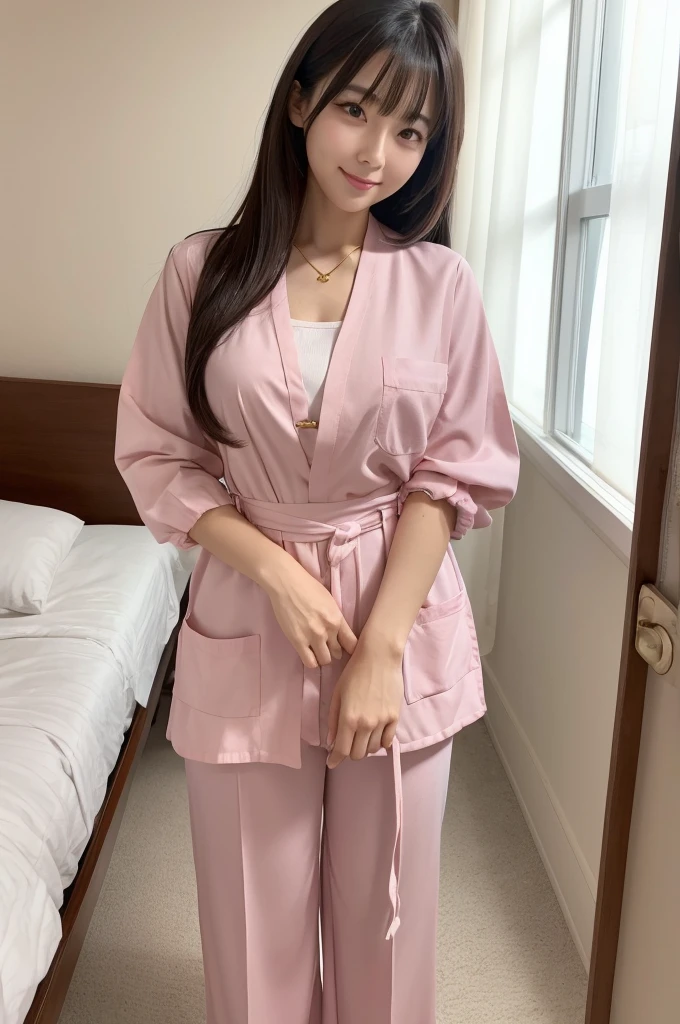 Hospital room, nurse, ((full body)), ((photo)), ((best qualtiy, 8K, tmasterpiece: 1.3)), Focus: 1.2, perfect figure beautiful girl: 1.4, 1girl, cowboy shot, look at viewer, eyes facing the camera, incredibly absurd, beautiful and cute girl with a photorealistic face, showcasing top-quality craftsmanship, Japanese woman taking care of patients in a hospital room, 23 years old, long hair parted in the middle, long layered bangs, silky hair quality, thick and voluminous style, beautiful features, amber eyes, long eyelashes, thin eyebrows, beautiful bridge of the nose, small nose, plump and elegant pink lips, fair skin, high cheekbones, cute smile, clean jawline, beautiful nape, long neck, 163cm height, long limbs, delicate, slender, well-balanced proportions, beautiful C-cup breasts, pink blouse and pink pants nurse uniform, nurse shoes, gold ring and necklace, beautiful, neat, refined, elegant, soothing, pretty older sister, long legs, kind, strong-willed, passionate, proactive, hardworking, gains the trust of those around her, October