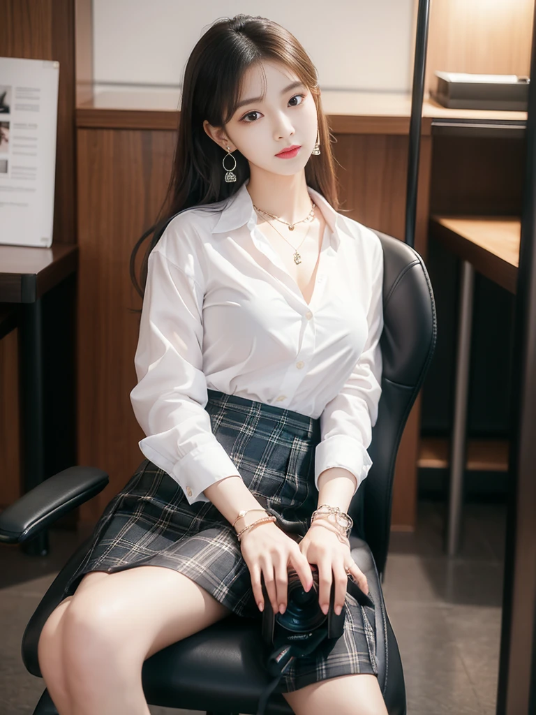 (((Practical photography))),, portrait, Korean,(arrogant的臉:1.3),, 1 girl,beautiful girl, arrogant,Sit in a large class chair , (necklace,earrings,bracelet:1.1), Button-down shirt and hip skirt,mini skirt , (cleveage:0.3),, In the CEO's office, (Environmental details:1.3),, (original photo, CG Unity, photography, ultra Practical details, Clear focus, Delicate skin,4K, high resolution, masterpiece, best quality, Practical, Full of energy:1.2),, (8K,4K, Ultra-high quality, high resolution, professional, Movie-like, , dramatic),(crossed_Legs:1.2), Detailed office background,