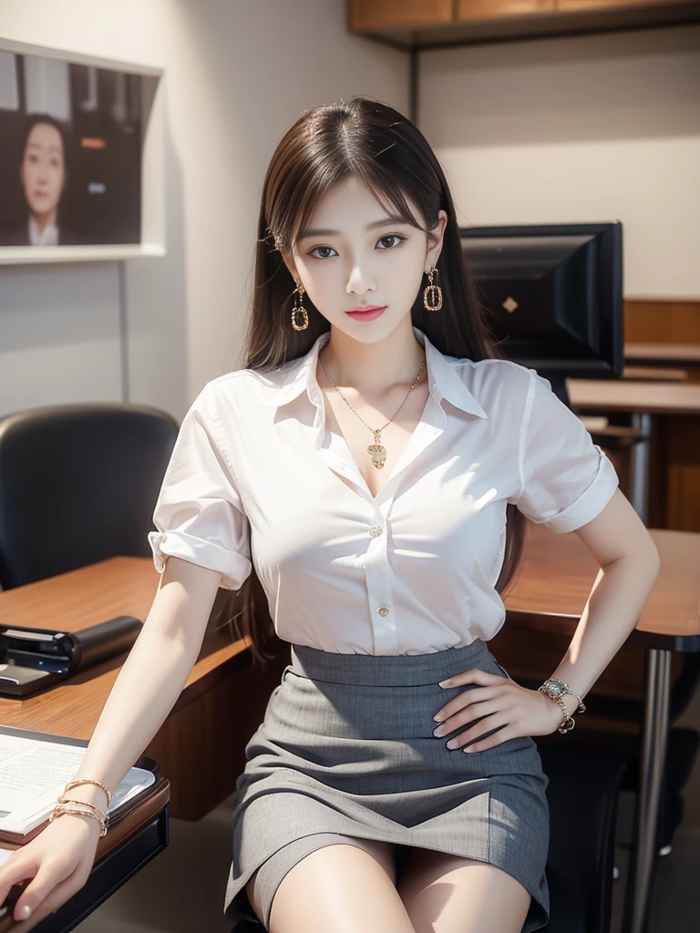 (((Practical photography))),, portrait, Korean,(arrogant的臉:1.3),, 1 girl,beautiful girl, arrogant,Sit in a large class chair , (necklace,earrings,bracelet:1.1), Button-down shirt and hip skirt,mini skirt , (cleveage:0.3),, In the CEO's office, (Environmental details:1.3),, (original photo, CG Unity, photography, ultra Practical details, Clear focus, Delicate skin,4K, high resolution, masterpiece, best quality, Practical, Full of energy:1.2),, (8K,4K, Ultra-high quality, high resolution, professional, Movie-like, , dramatic),(crossed_Legs:1.2), Detailed office background,