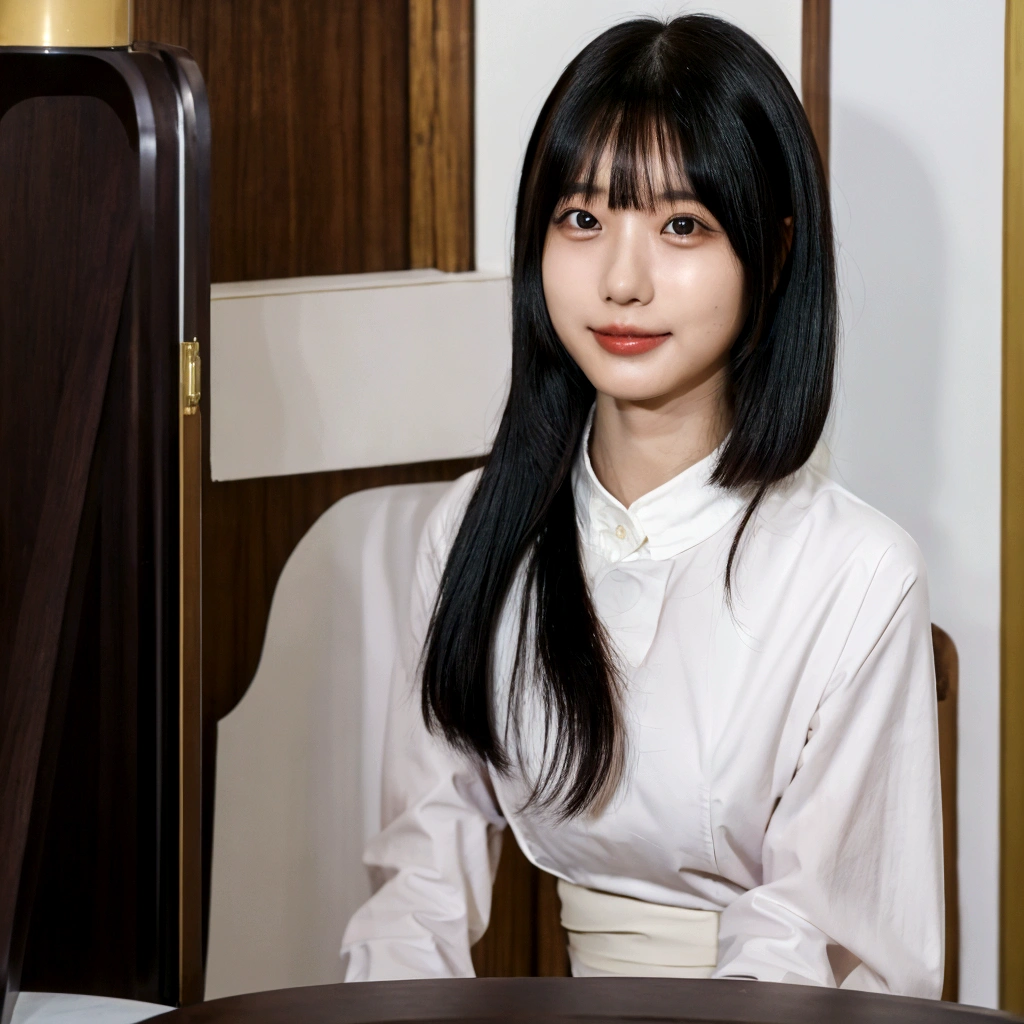(8K, 4K, Best Quality, High Definition, Ultra High Definition: 1.1), (Masterpiece, Realistic, Photorealistic: 1.1), Solo, Japanese woman, H cup, cute, erotic, model's expression, cafe clerk, black straight hair, straight bangs, oval face, large round dark eyes, small well-shaped nose, small full lips, warm smile, thin neat eyebrows, clean and approachable aura,