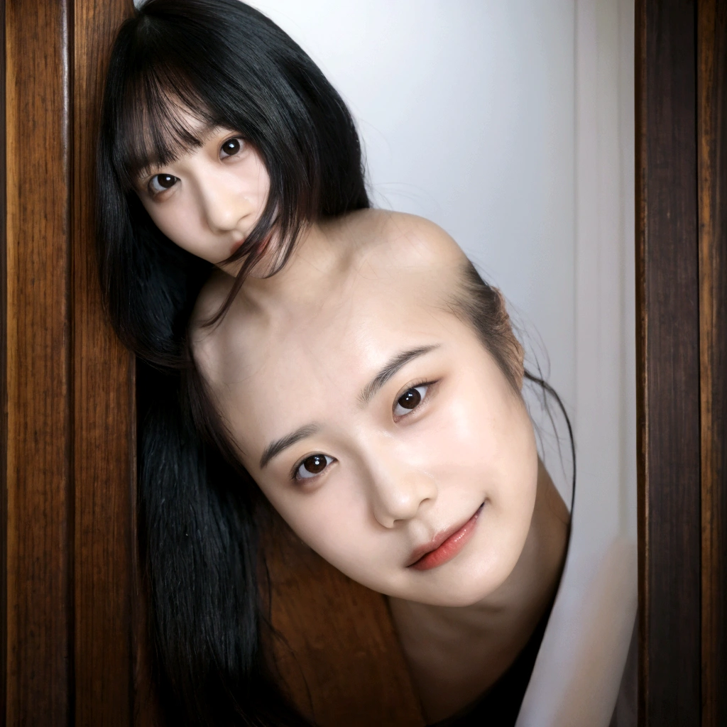 (8K, 4K, Best Quality, High Definition, Ultra High Definition: 1.1), (Masterpiece, Realistic, Photorealistic: 1.1), Solo, Japanese woman, H cup, cute, erotic, model's expression, cafe clerk, black straight hair, straight bangs, oval face, large round dark eyes, small well-shaped nose, small full lips, warm smile, thin neat eyebrows, clean and approachable aura,