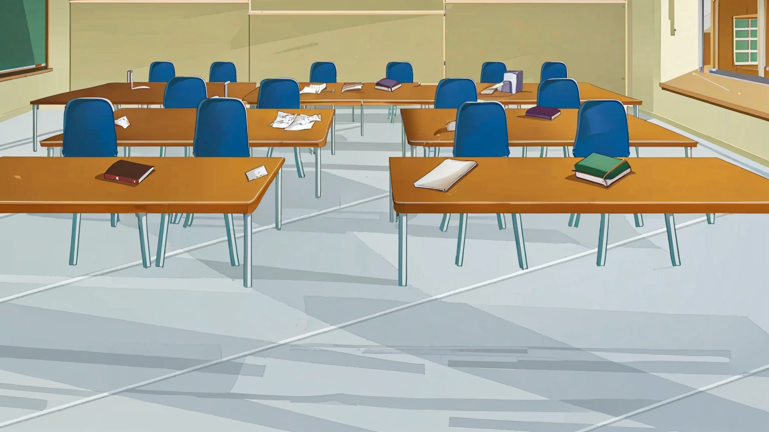 there are many tables and chairs in a classroom with a chalkboard, classroom background, typical anime classroom, school classroom, classroom, classroom in background, sitting in the classroom, in a classroom, photo of a classroom, detailed school background, highschool background, workshop background, in a school classroom, school class, random background scene, student, office background, multiple desks