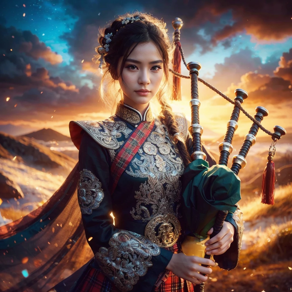 A beautiful Chinese girl, 1girl, wearing bagpipe jacket and bagpipe kilt, extremely detailed eyes, beautiful detailed lips, long eyelashes, exquisite makeup, elegant posture, photorealistic, digital art, cinematic lighting, vibrant colors, dramatic atmosphere, fantasy landscape, magical elements, (best quality, 4k, 8k, highres, masterpiece:1.2), ultra-detailed, (realistic, photorealistic, photo-realistic:1.37), concept art, dramatic lighting