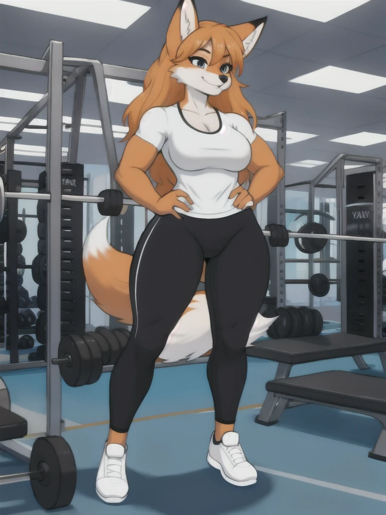 Furry, fox, female, white shirt, black leggings, shoes, gym, , full body