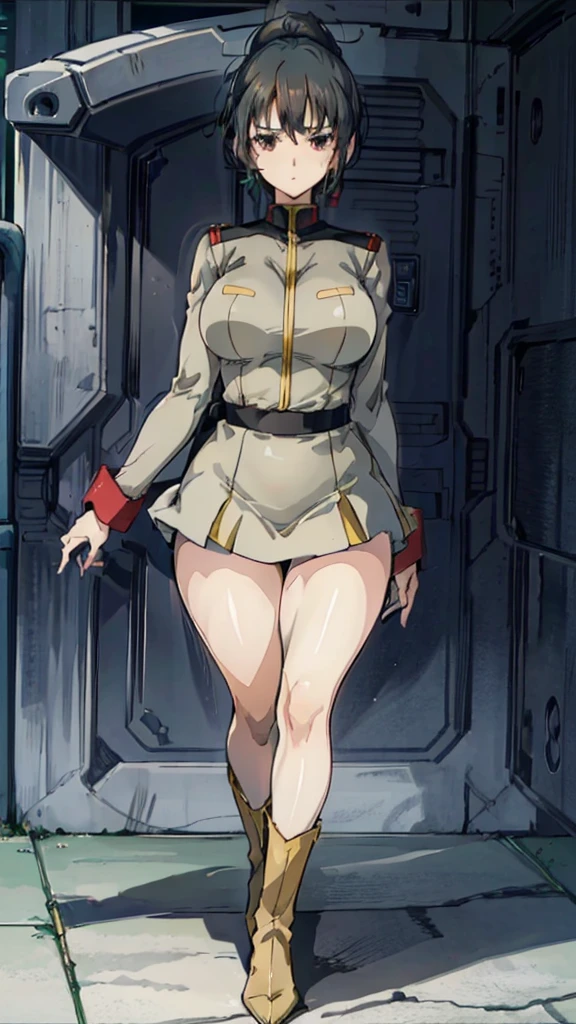 1 girl、Beautiful female officer of the Earth Federation Army、Brown short hair、Accurately draw faces、plump figure,Huge Breasts、Healthy Thighs Short Skirt Earth Federation Army、knee height、Battleship bridge interior、anatomically correct、Precise fingers、Precise leaf stone carving、Photoreal,Sunlight,Smile,stockings,cleavage,Lipstick