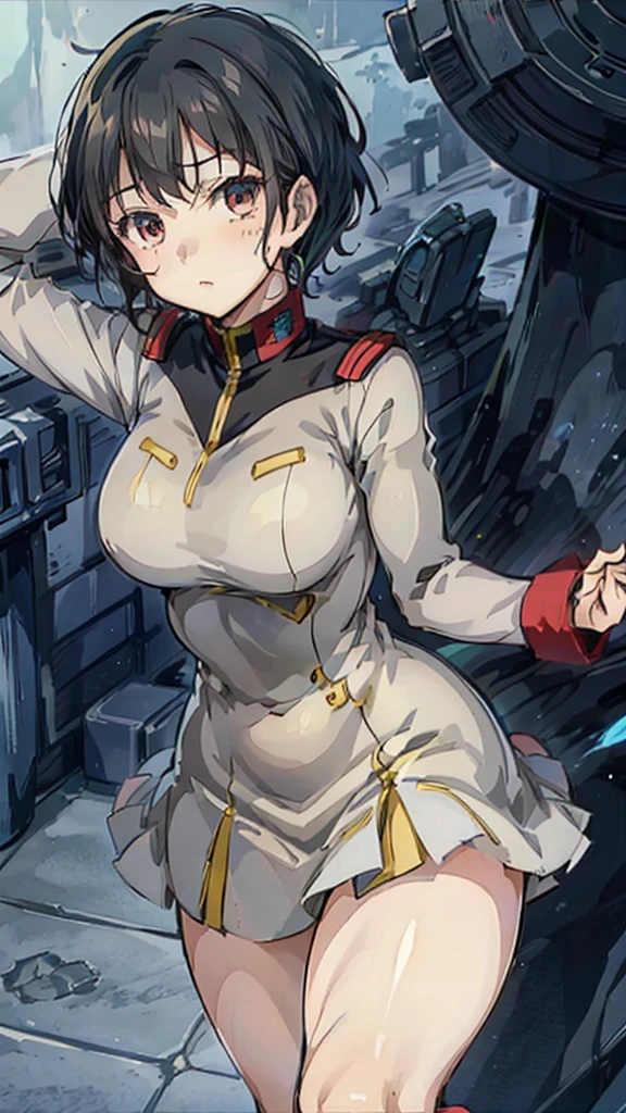 1 girl、Beautiful female officer of the Earth Federation Army、short black hair,Idol-level cuteness、Accurately draw faces、plump figure,Large Breasts、Healthy Thighs Short Skirt Earth Federation Army、knee height、Battleship bridge interior、anatomically correct、Precise fingers、Precise leaf stone carving、Photoreal,Sunlight