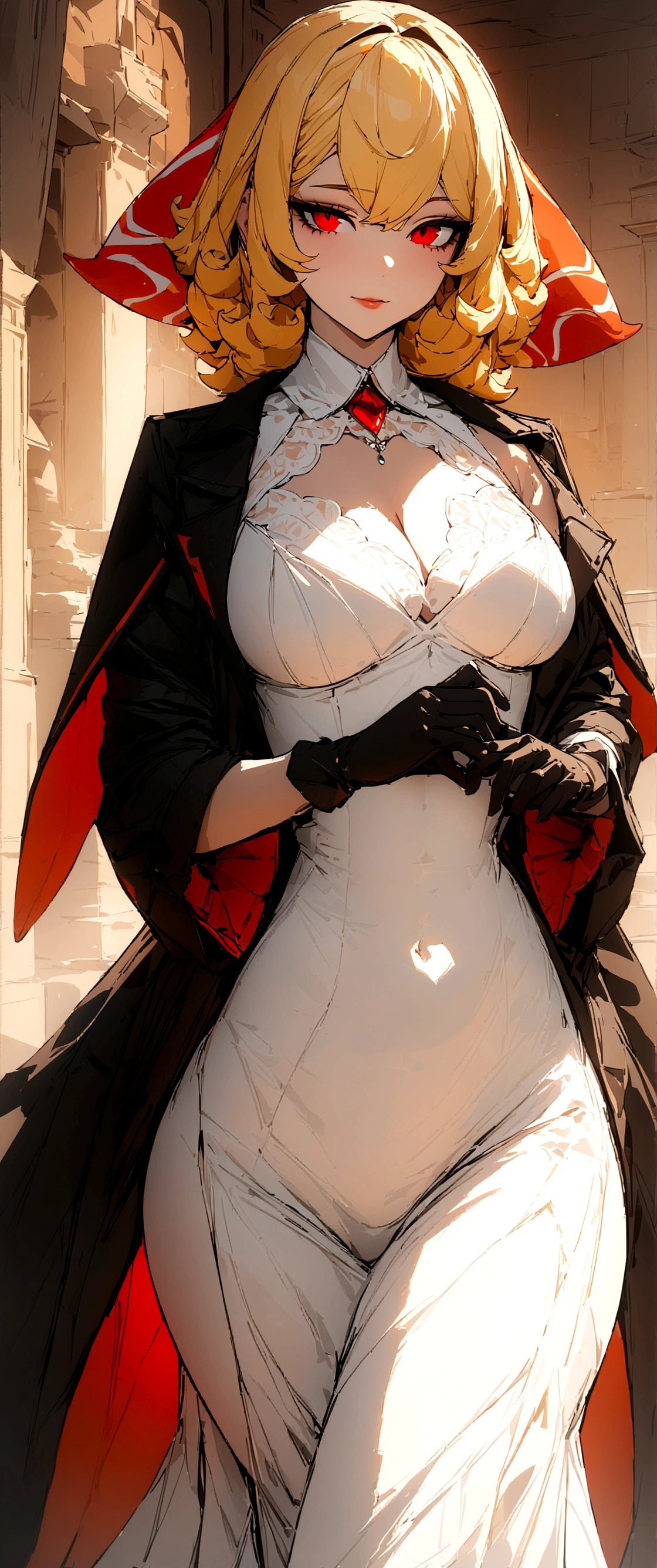((best quality)), absurdres, ((ultra high res)), kaela kovalskia, a woman in white dress and black coat, red eyes, blonde hair, gloves, extremely detailed, 8k, masterpiece,
