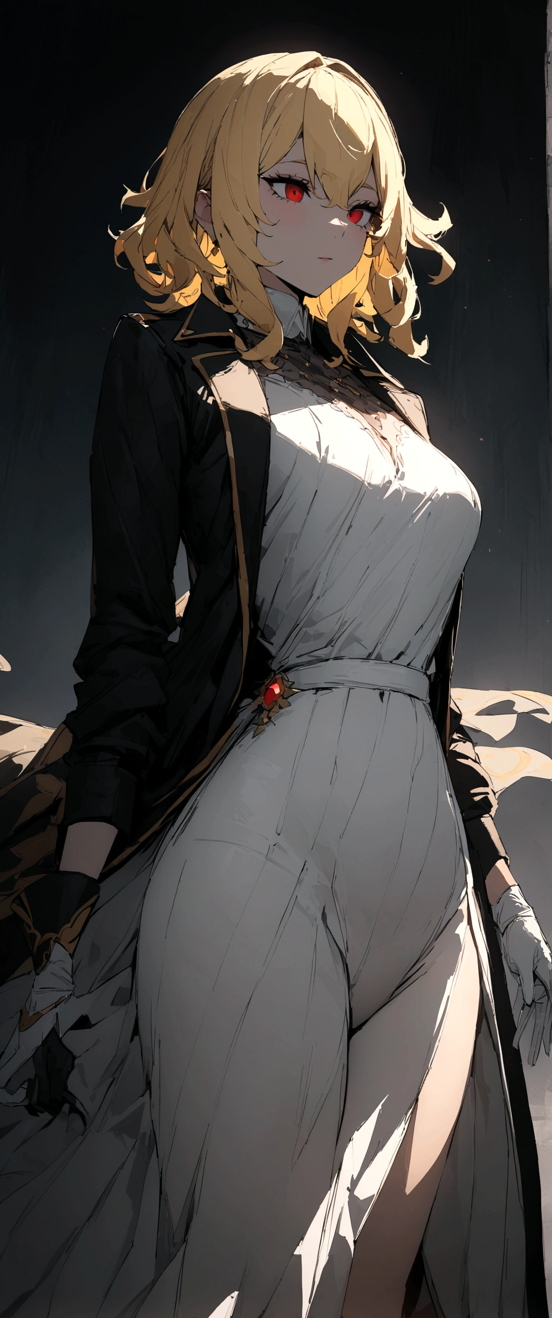 ((best quality)), absurdres, ((ultra high res)), kaela kovalskia, a woman in white dress and black coat, red eyes, blonde hair, gloves, extremely detailed, 8k, masterpiece, 