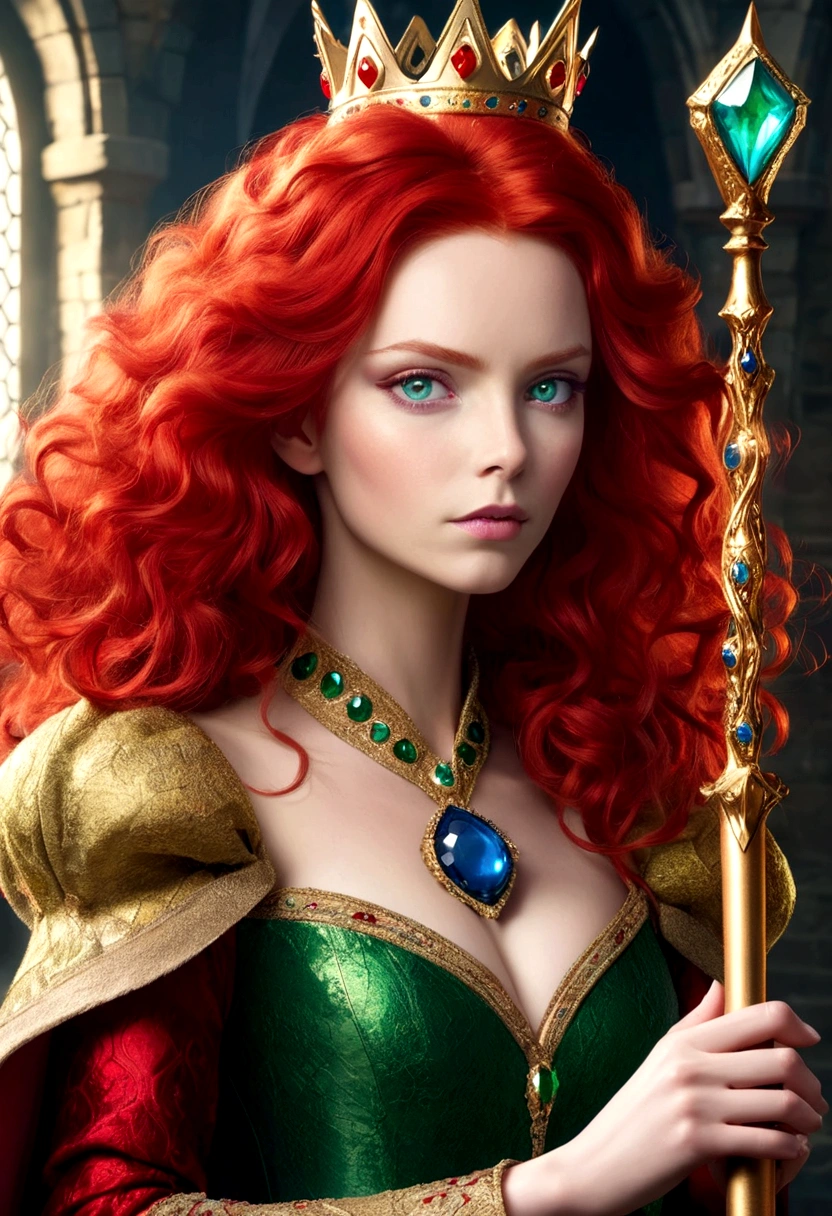 Red Queen，High Fluffy Red Hair，Green eyes，Blue eye shadow，Gorgeous crown，Scepter in hand，Magic Scepter，castle