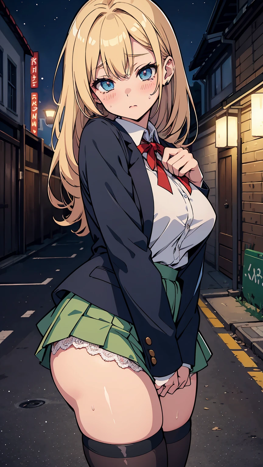 ch3rryg1g, masterpiece, best quality, full body, 1girl, bangs, black choker, black necktie, blonde hair, blue skirt, blush, bracelet, breasts, choker, clothes around waist, collarbone, collared shirt, cowboy shot, dress shirt, ear piercing, eyebrows visible through hair, gradient hair, grin, gyaru, jewelry, kogal, long hair, looking at viewer, loose necktie, necktie, piercing, plaid, plaid skirt, pleated skirt, red eyes, ring, , shirt, skirt, smile, solo, white shirt, street, sky, cherry blossoms, petals,illustration, (magazine:1.3), (cover-style:1.3), fashionable, woman, vibrant, outfit, posing, front, colorful, dynamic, background, elements, confident, expression, attention-grabbing, fashion, (((showing her lifted panty:1.2)))