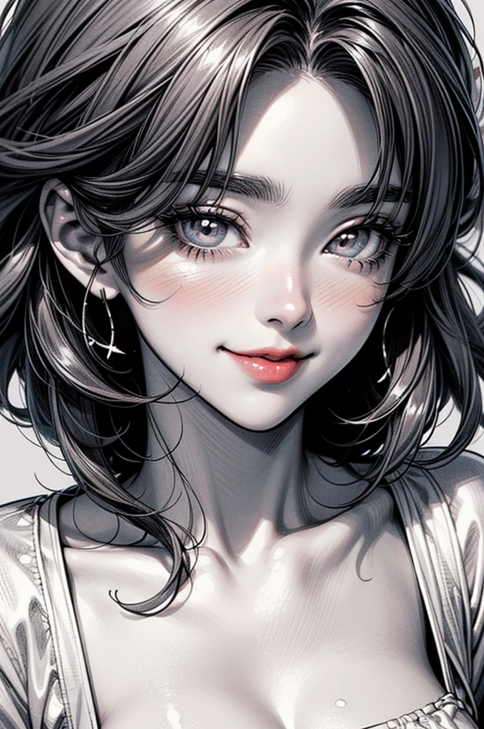 ((Manga illustration)), ((Denise Richards)) close up portrait ,solo , medium short hair, looking at viewer, blush , smile , happy , red lipstick,close up portrait, solo, focus on eyes, plain background, (in vector style), ((monochrome Manga drawing))