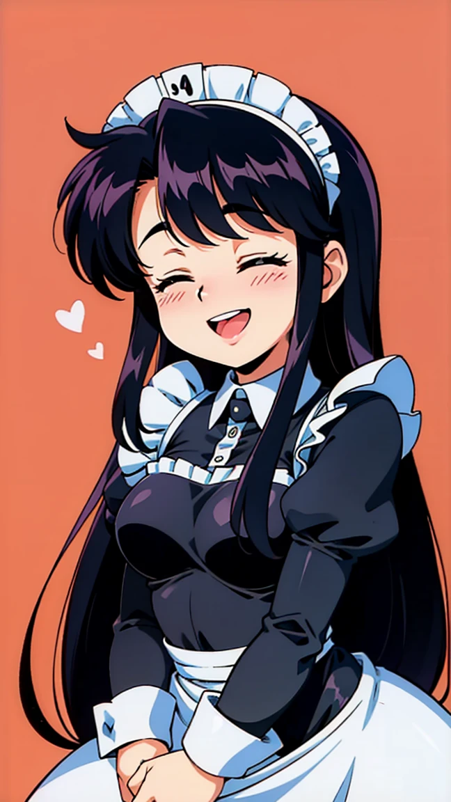 A ahegao maid blushing holding money and excited. black long hair and purple eyes. Anime Art Style. Purple Background.