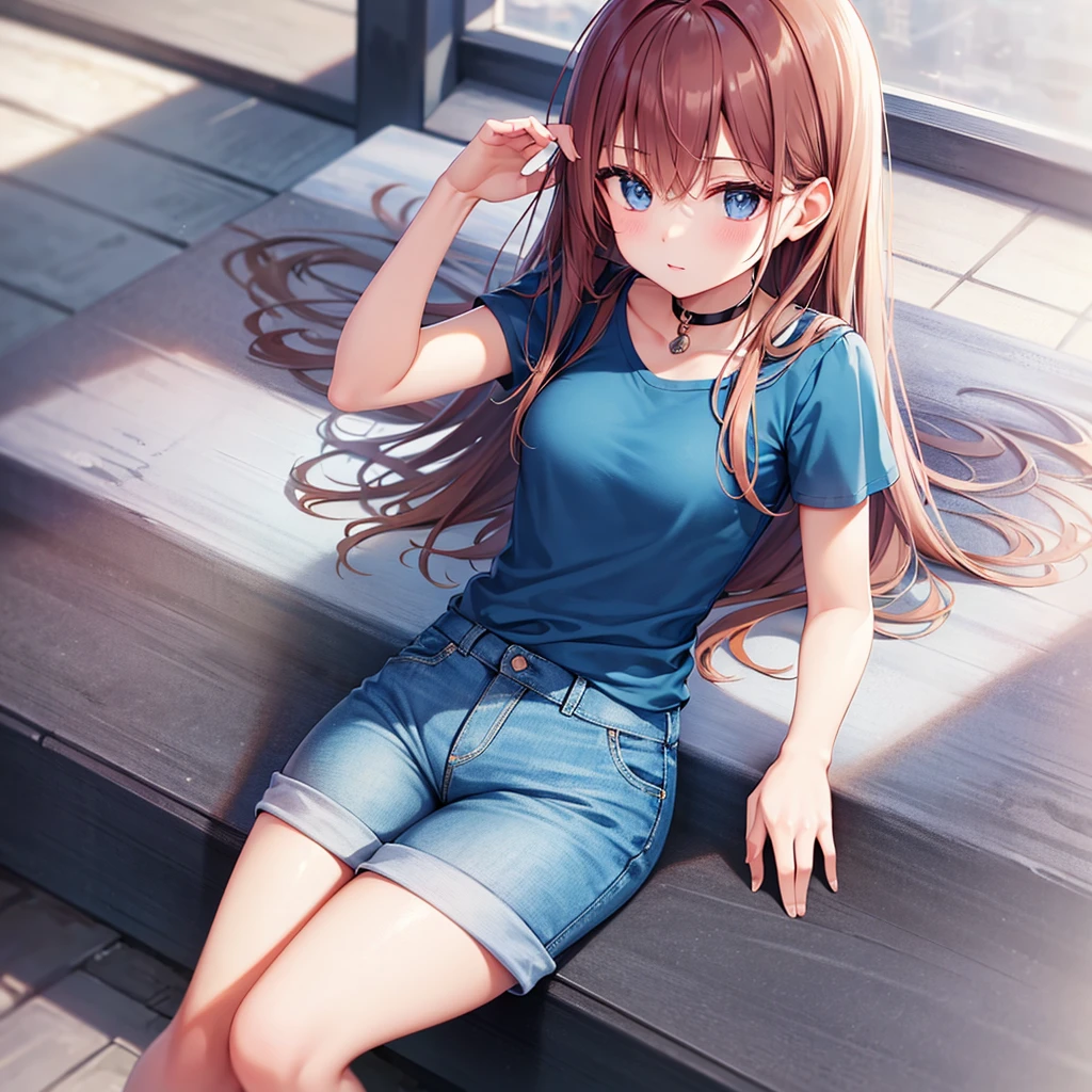 8K high quality,1 pretty girl,Short sleeve,Denim skirt