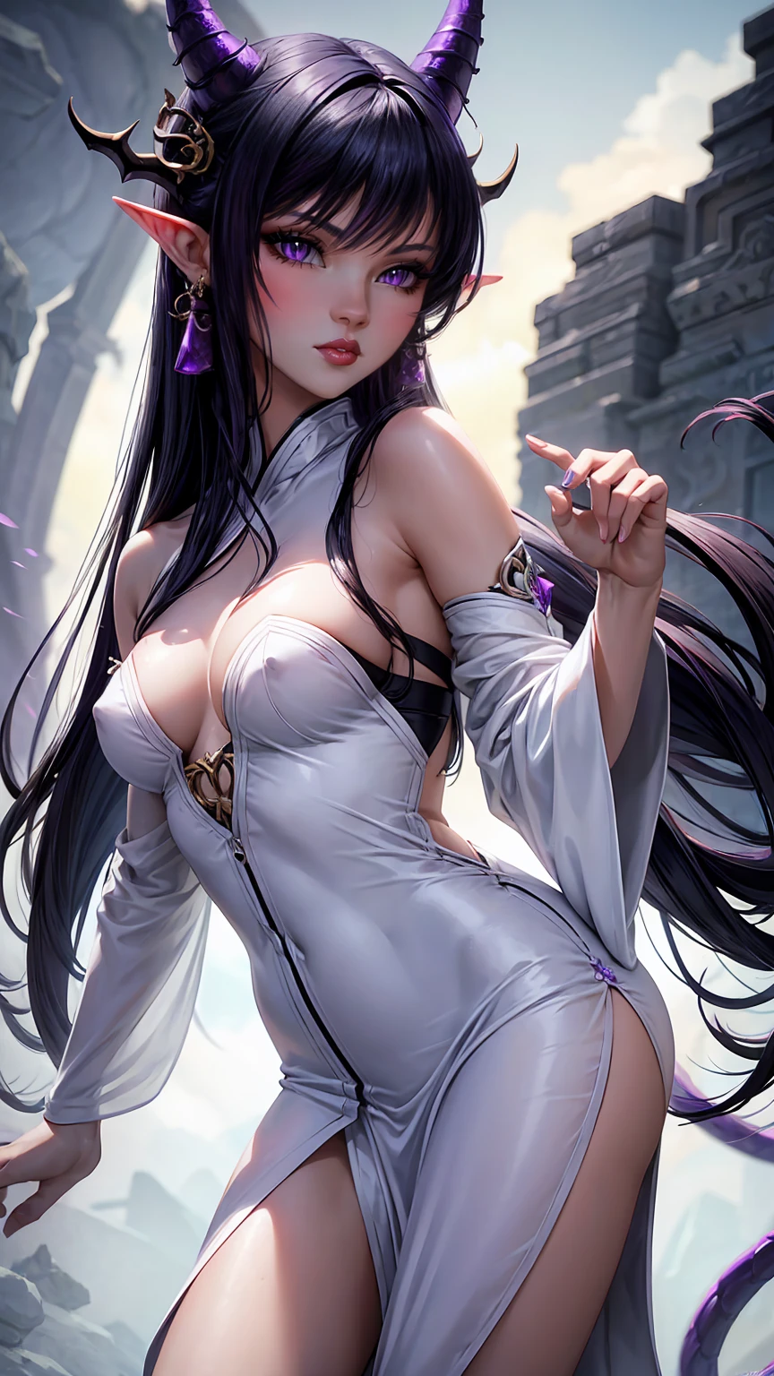 16K, Ultra High Definition, Super detailed, Shiny detailed hair, detailed face, fantasy landscape, solo, looking at viewer, close-up shot, {{best quality}}, {{masterpiece}}, {{ultra-detailed}}, {detailed light}, purple snake eyes, beautiful lips, black straight hair, long hair, dragon ears, {{purple dragon horns}}, beautiful purple earrings, white kimono with purple details, white futuristic sneakers with purple details, young girl, beautiful, skinny body, white skin, slutty, erotic, suggestive, {{nsfw}}