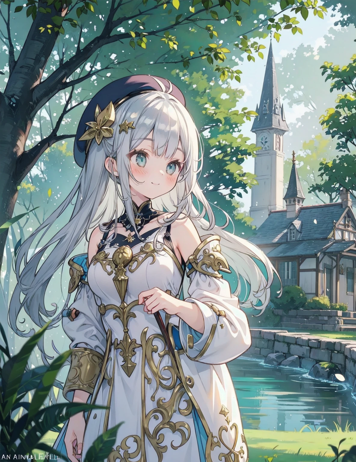 natural lighting, dusk, down, light smile, upturned cheeks, slightly shining hair, half up do, beret, hair ornament, alchemist, atelier series, large staff, gold, silver, Gemstones, brilliance, precious, 1girl, solo, fantasy landscapes, Scholarly, intellectual, floating light, magnificent, splendid,