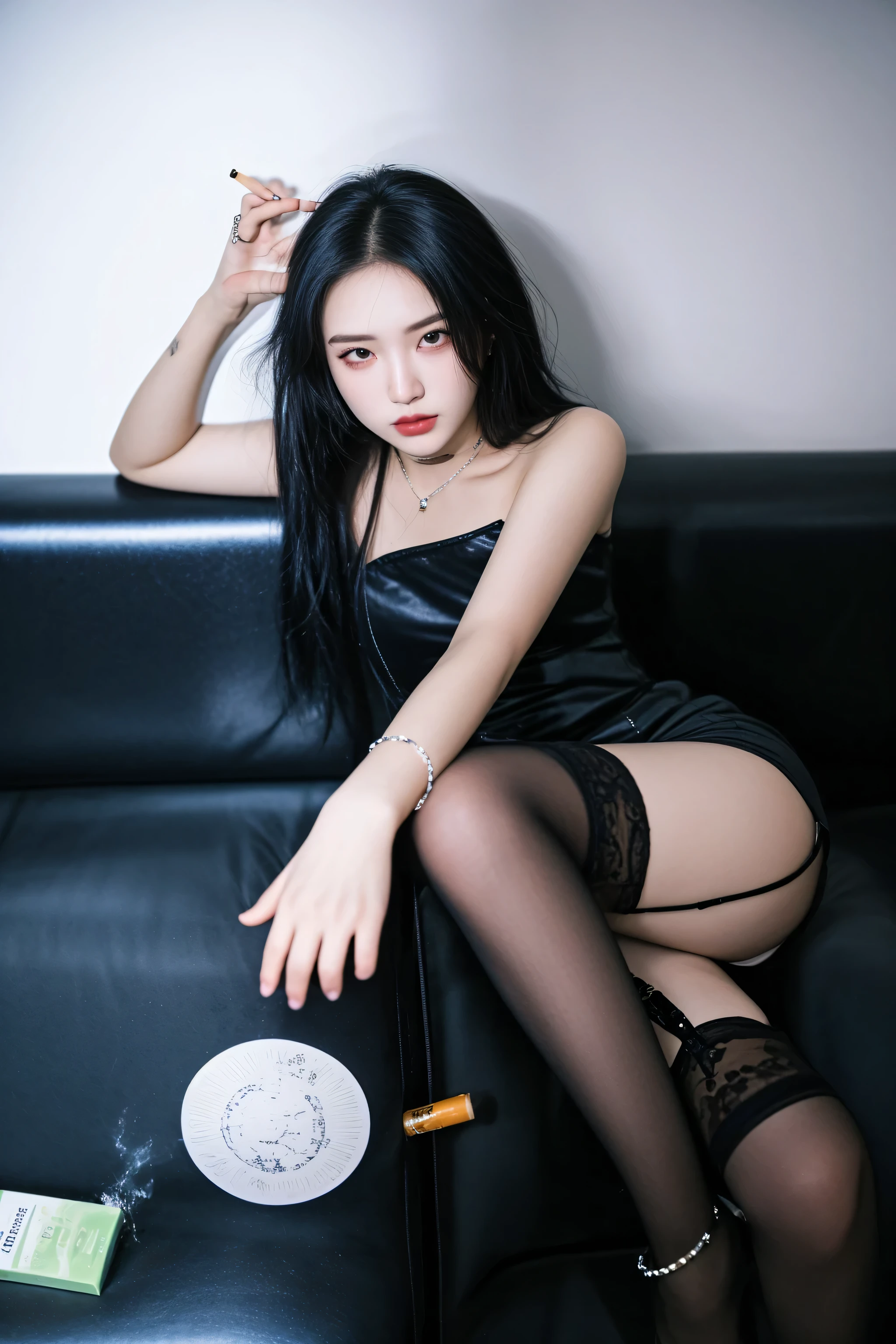 there is a woman sitting on a couch with a cigarette, photo taken with nikon d 7 5 0, photo taken with nikon d750, full body xianxia, taken with canon 5d mk4, cruel korean goth girl, taken with canon 8 0 d, asian girl, taken with canon eos 5 d, sexy girl, asian