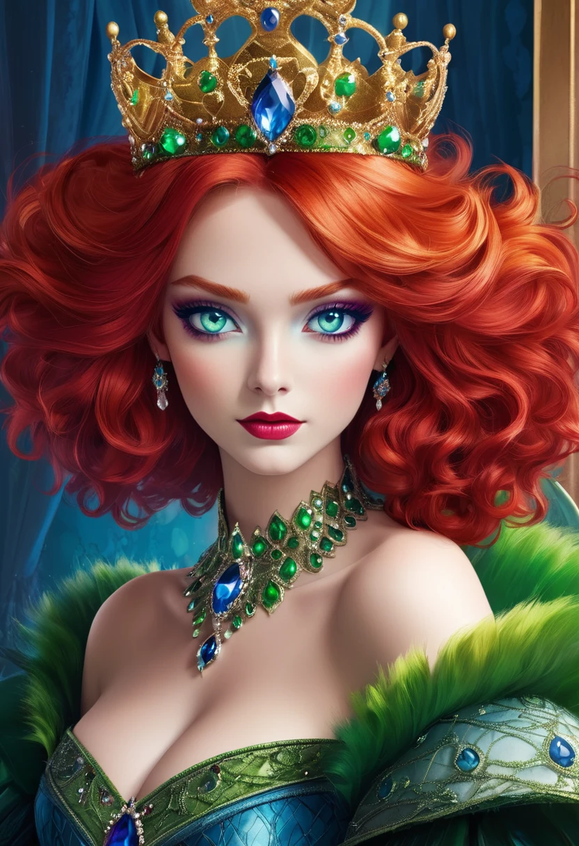 Red Queen，High Fluffy Red Hair，Green eyes，Blue eye shadow，Gorgeous crown，Queen&#39;s throne，