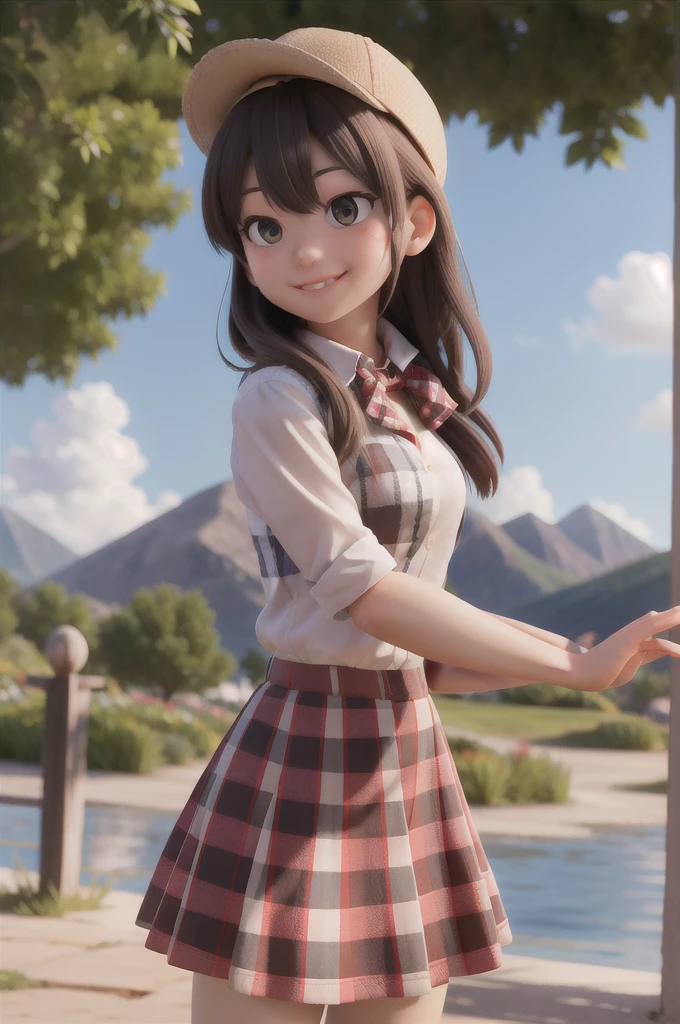 masterpiece, high quality best quality,1girl, bangs, beach, blue_sky, blush, bow, breasts, checkered, checkered_shirt, checkered_skirt, cloud, cloudy_sky, collarbone, day, envelope, giving, grass, hair_bow, heart, holding, holding_letter, horizon, incoming_gift, kazami_yuuka, leaning_forward, lens_flare, letter, light_rays, long_hair, looking_at_viewer, love_letter, mountain, mountainous_horizon, ocean, outdoors, plaid, plaid_background, plaid_bikini, plaid_bow, plaid_bowtie, plaid_bra, plaid_dress, plaid_headwear, plaid_jacket, plaid_legwear, plaid_necktie, plaid_neckwear, plaid_panties, plaid_pants, plaid_ribbon, plaid_scarf, plaid_shirt, plaid_skirt, plaid_vest, pov, shirt, skirt, sky, smile, solo, sun, sunbeam, sunlight, tree, unmoving_pattern