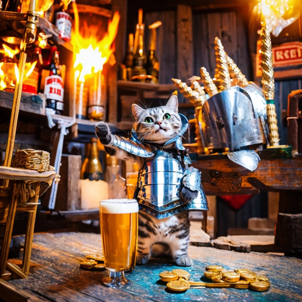 Cat in armor, I have an ale in my hand, Cheers, looks fun